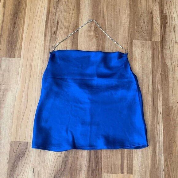 LE LIS Royal Blue Crystal Strap Drape Neck Satin Halter Top Size Medium NWT - Picture 2 of 14